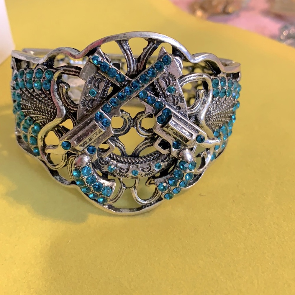 Blue Rhinestone Cowboy Style Bracelet Guns